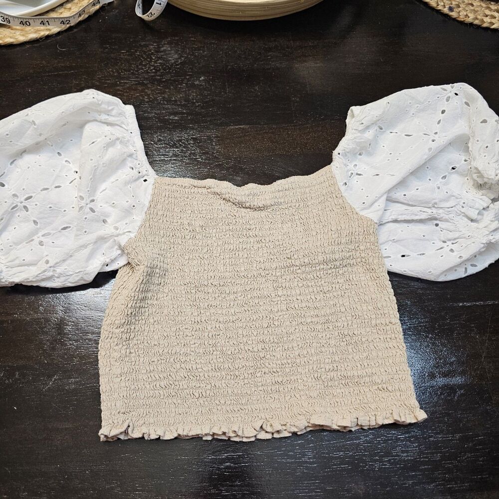 Linen Blend Smocked Eyelet Puff Sleeve Top Womens M Beige White Cottagecore F686